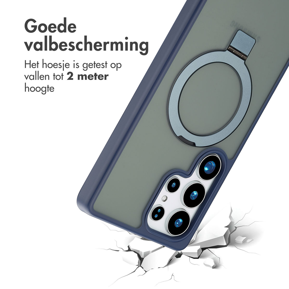 Coque de téléphone avec test de chute. Texte : 'Bonne protection contre les chutes. L'étui est testé pour des chutes jusqu'à 2 mètres'.