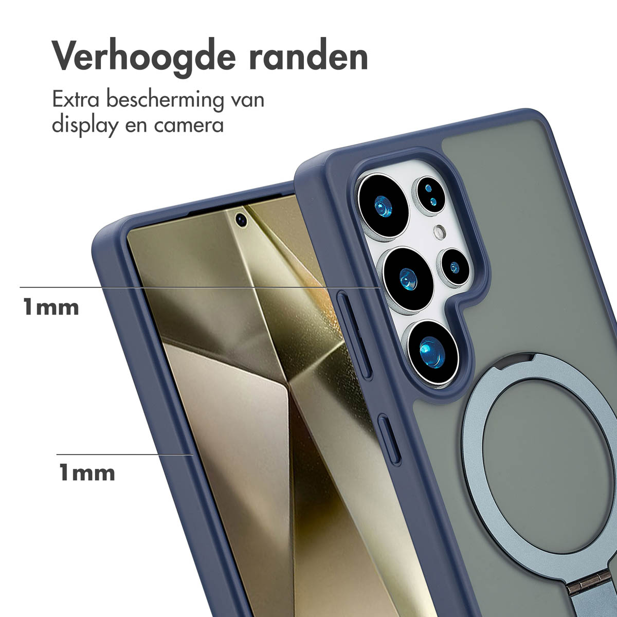 Une coque de téléphone avec des bords surélevés. La coque est bleu foncé et verte. Le fond est doré.