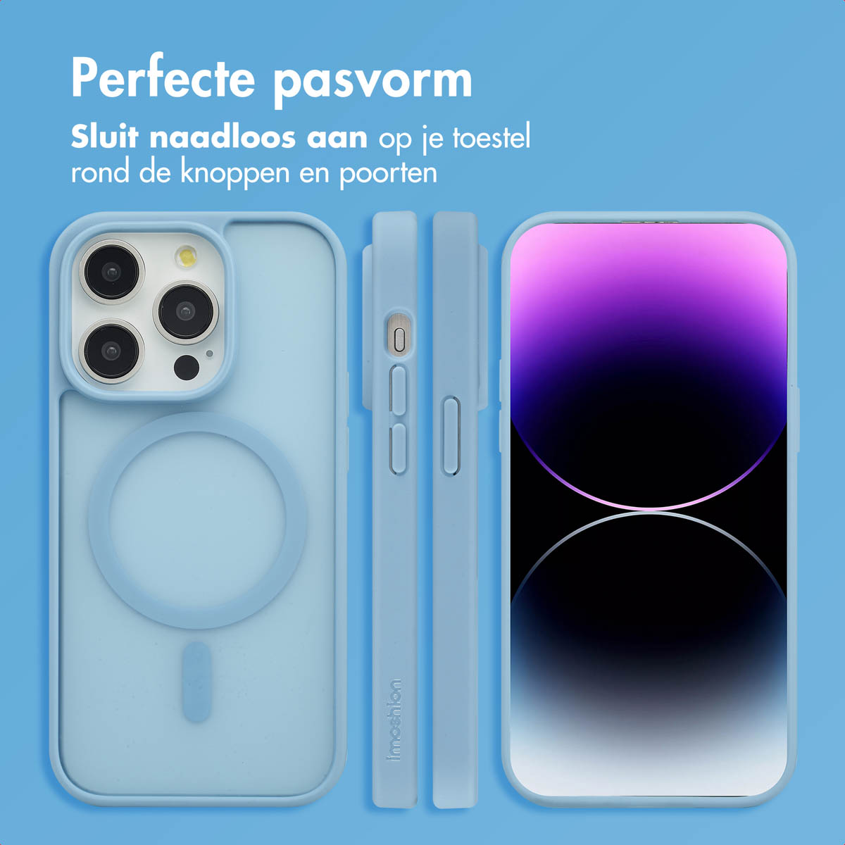 Drie blauwe telefoonhoesjes. De hoesjes passen perfect rond de knoppen en poorten.