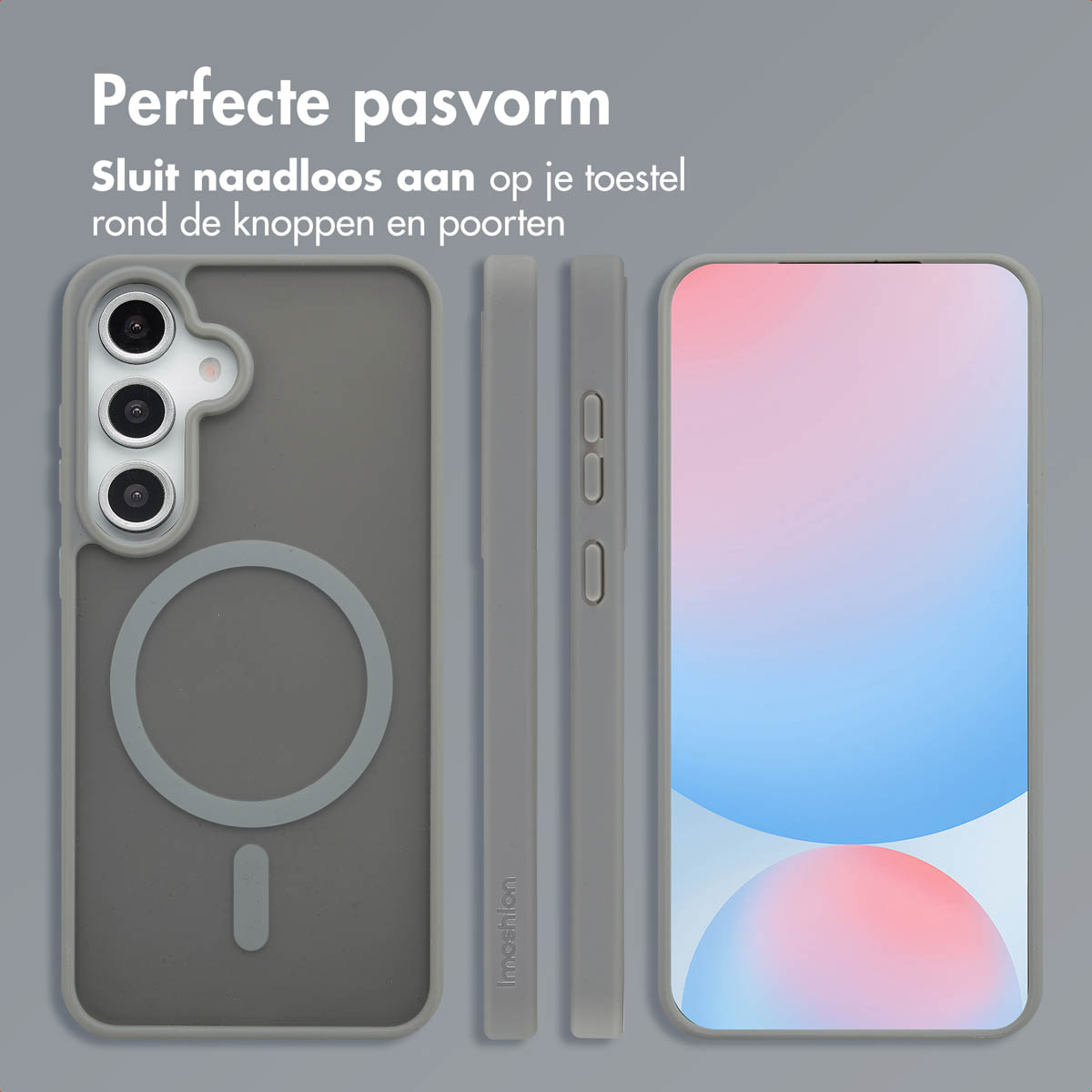 Trois vues d'une coque de téléphone avec des côtés gris et un anneau magnétique circulaire, s'adaptant parfaitement au téléphone.