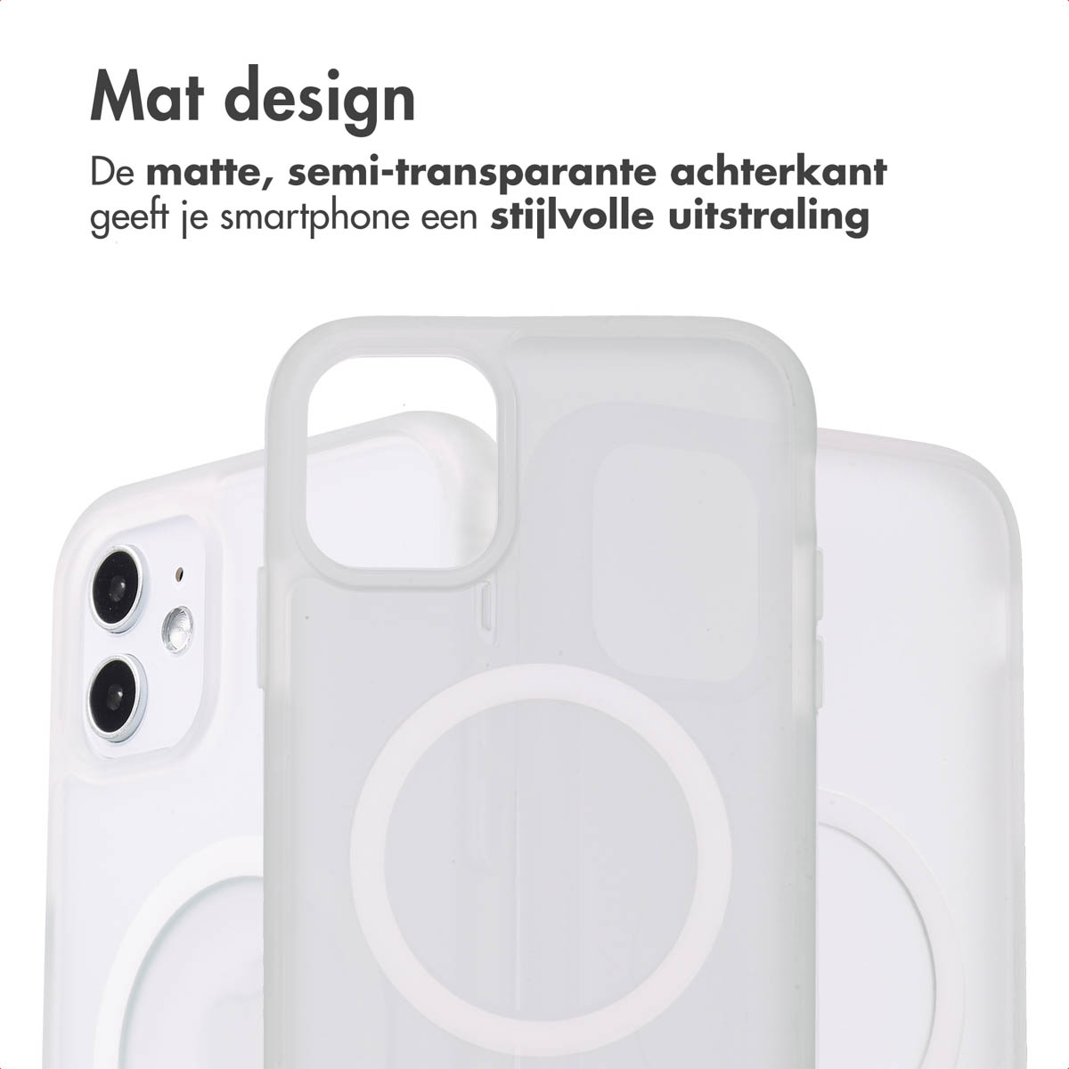 Drie witte semi-transparante telefoonhoesjes met een mat design worden getoond.