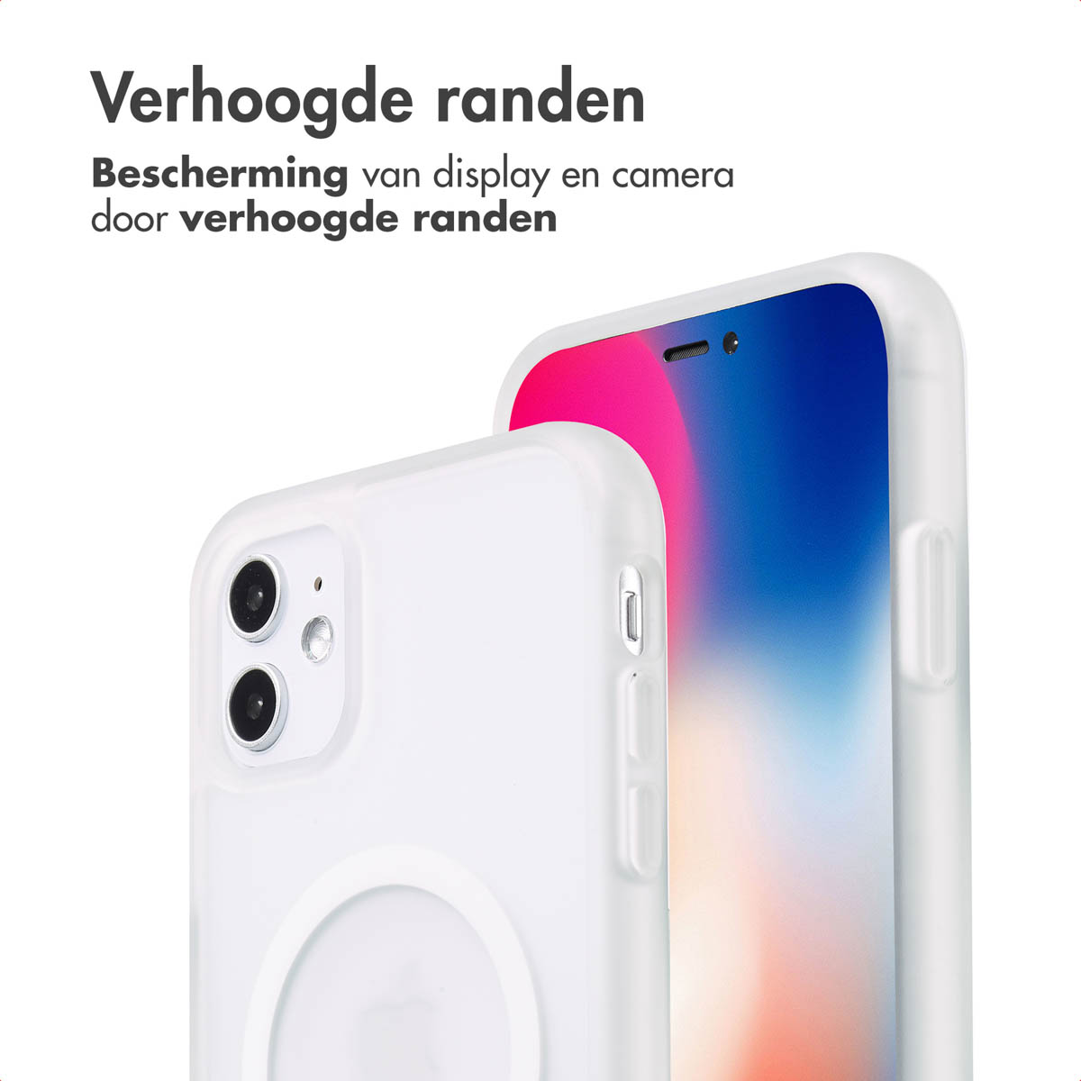Witte telefoonhoes met verhoogde randen die het scherm en de camera beschermen. De achtergrond is roze.