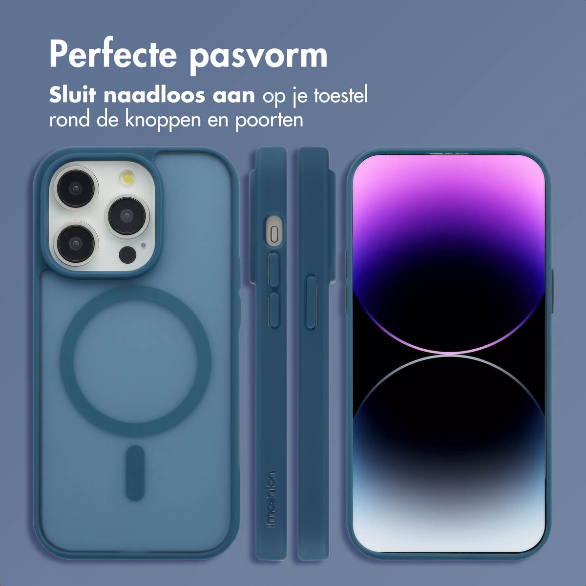 Een blauwe telefoonhoes en telefoon worden getoond, waarbij de hoes en telefoon vanuit meerdere hoeken worden getoond.