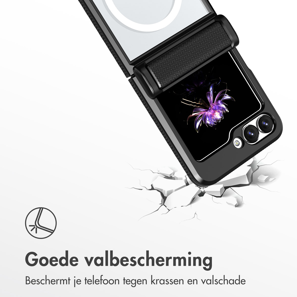 Zwarte telefoon in een hoesje, gebarsten grondeffect. De telefoon is gedeeltelijk open, met een scherm.