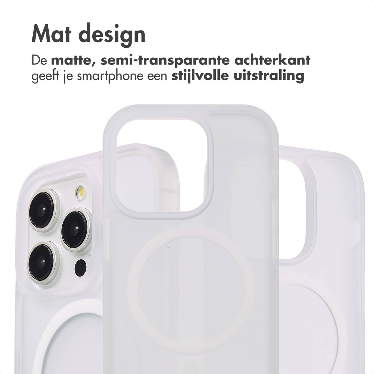Witte telefoonhoes, semi-transparant. Telefoon erin. Tekst: Mat design.