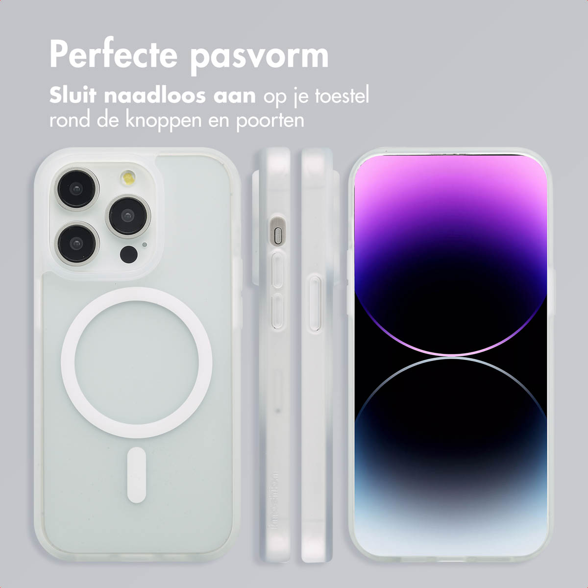 Drie aanzichten van een telefoonhoesje met witte zijkanten en een cirkelvormige magnetische ring, die perfect op de telefoon past.