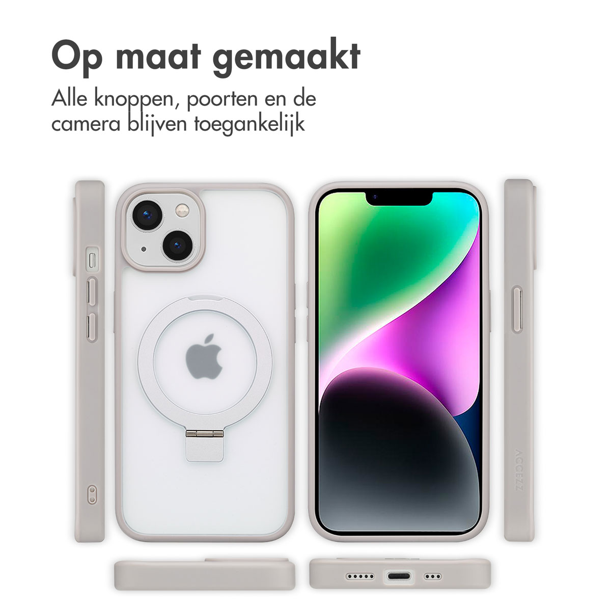 Een telefoon in een hoesje met een doorzichtige achterkant en lichtgrijze zijkanten, omringd door hoesjes.