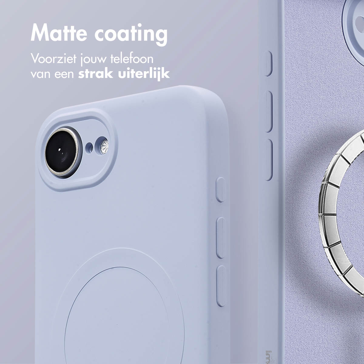 Coque de téléphone violet clair sur deux téléphones. La coque a un anneau.