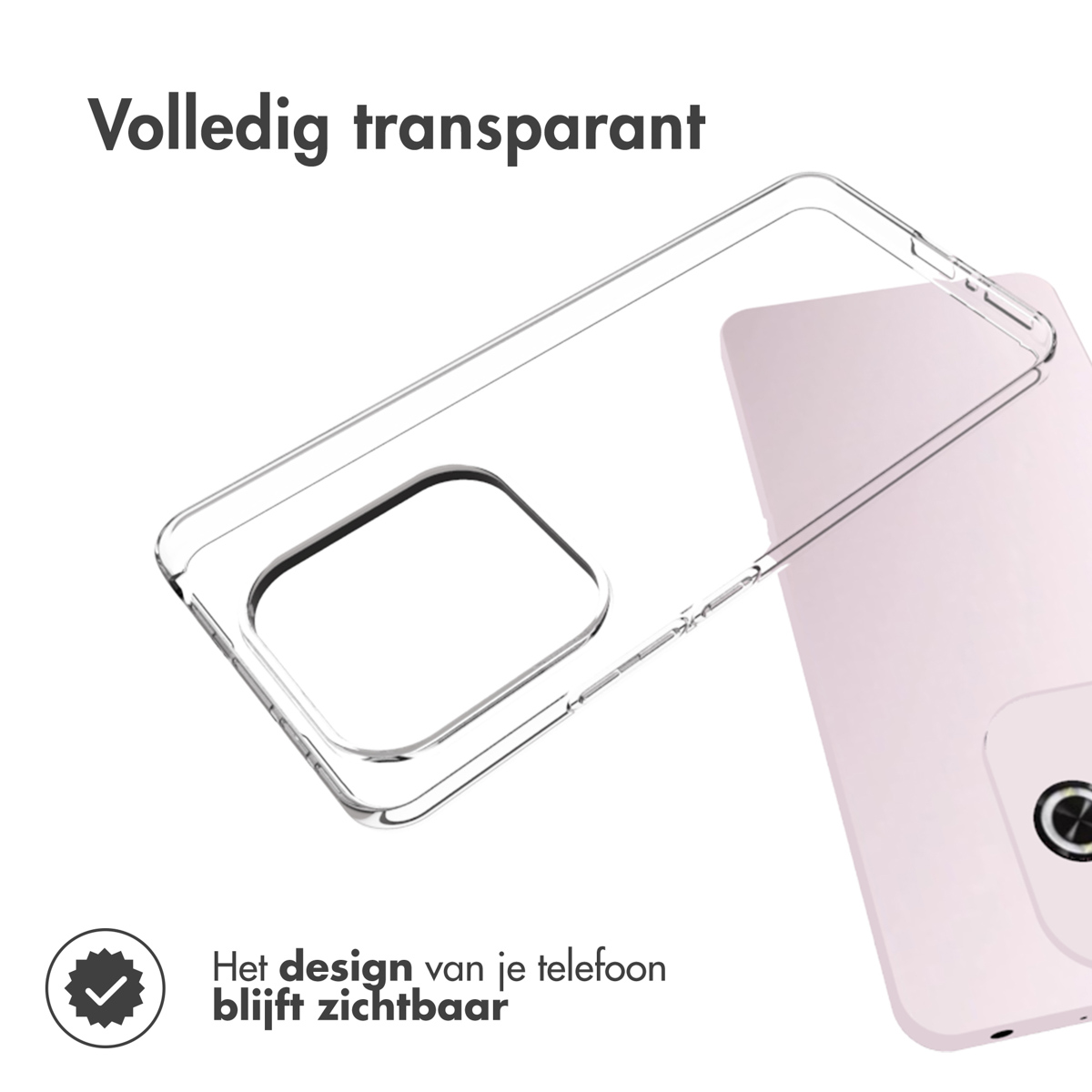 Custodia per telefono trasparente su sfondo rosa. Testo: 'Completamente trasparente. Il design del tuo telefono rimane visibile'.