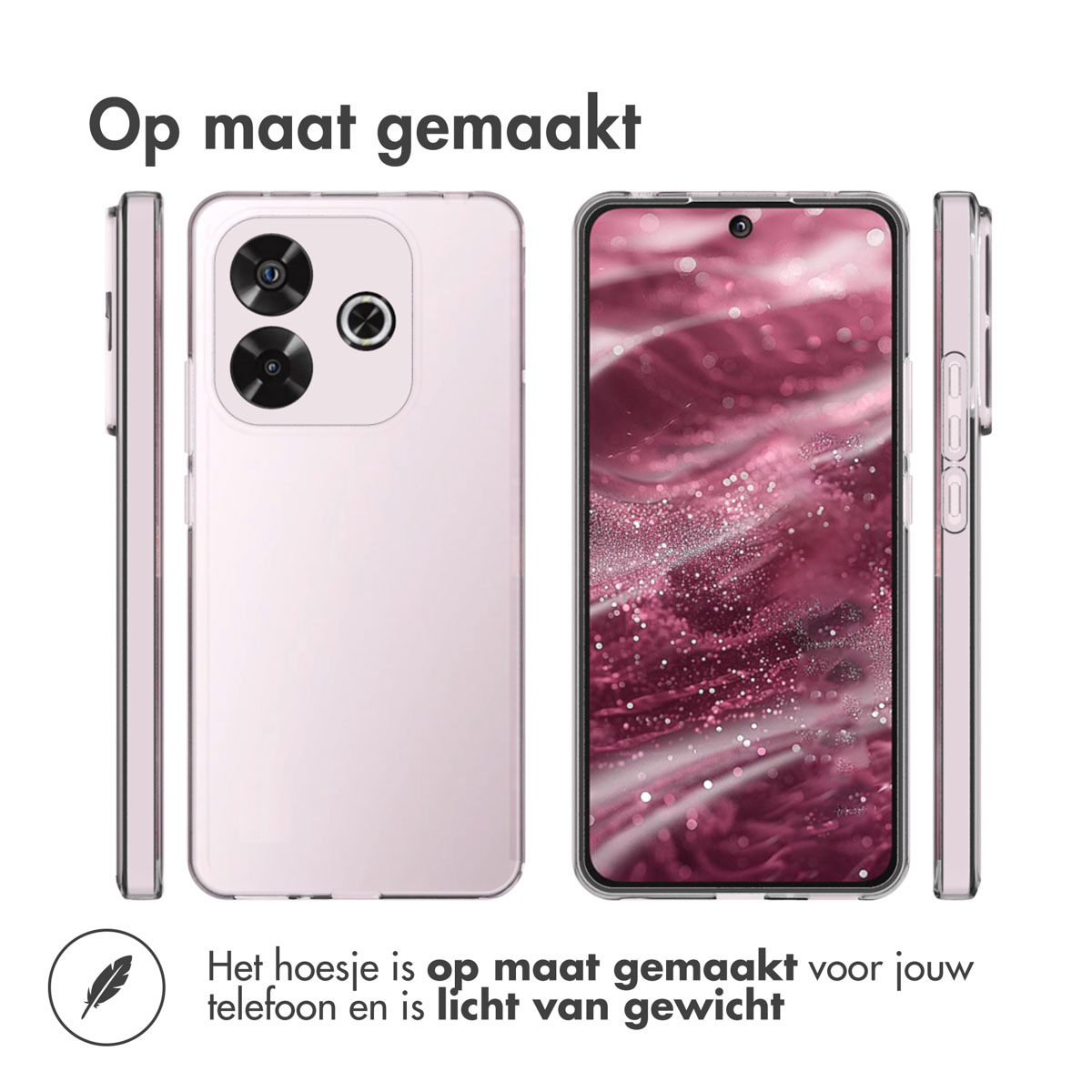 Vier telefoonweergaven in een roze hoesje. Vooraanzicht, zijaanzicht, zijaanzicht en achteraanzicht. Lichtroze achtergrond.