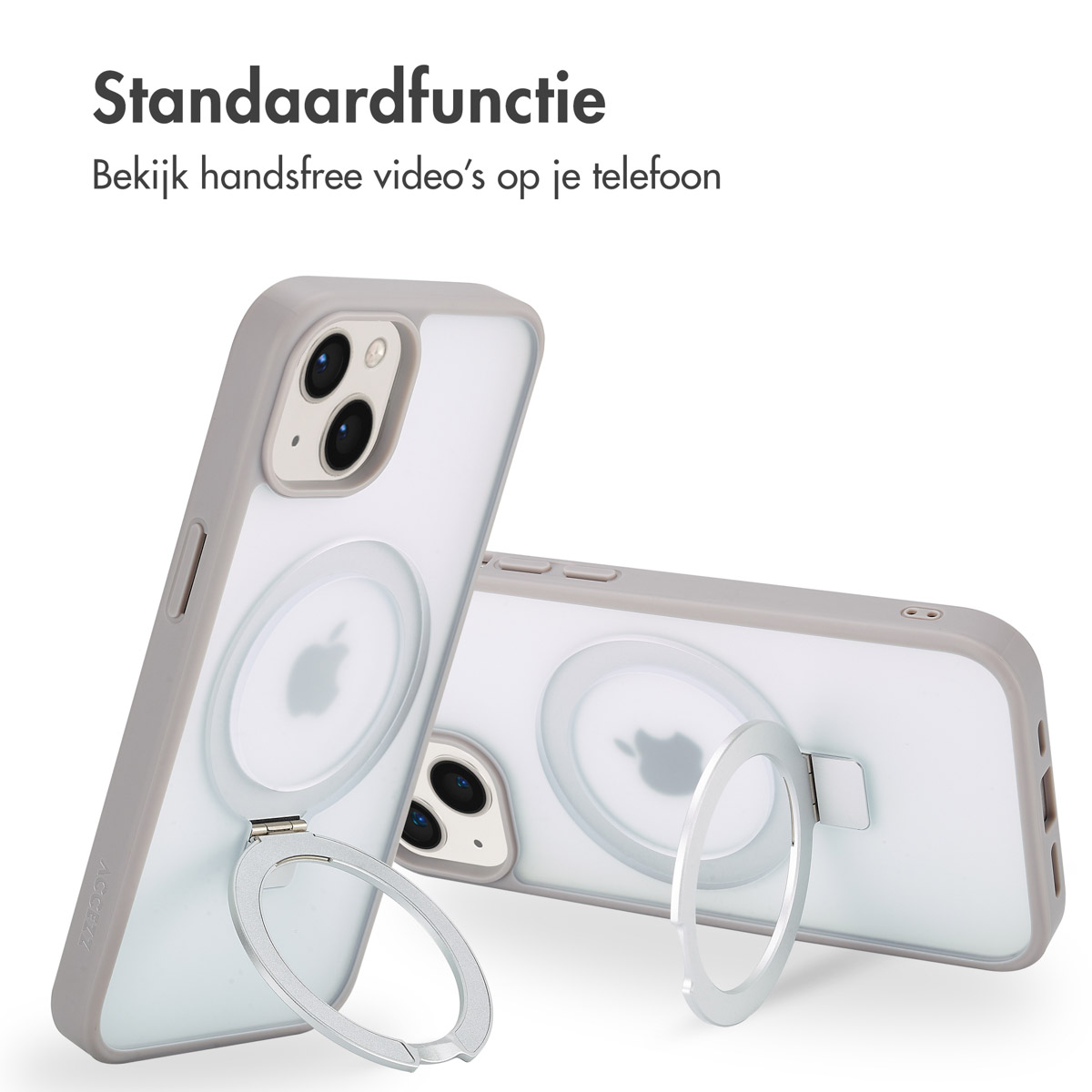 Zwei transparente Handyhüllen mit Ringständer. Text: Standardfunktion, Videos freihändig ansehen.