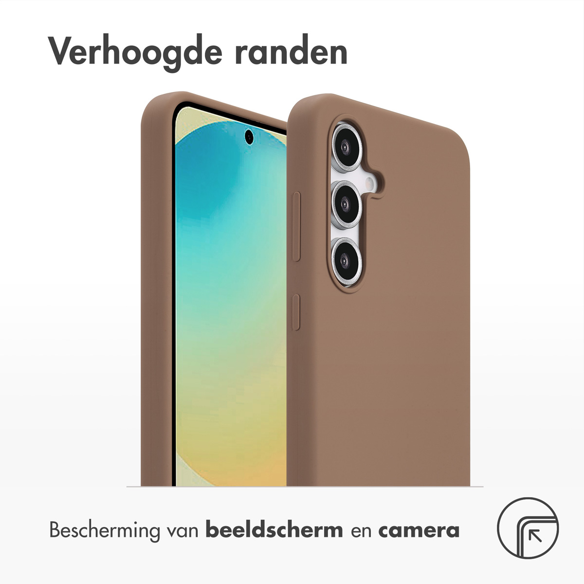 Coque marron protégeant le téléphone avec bords relevés, protégeant écran et caméra.