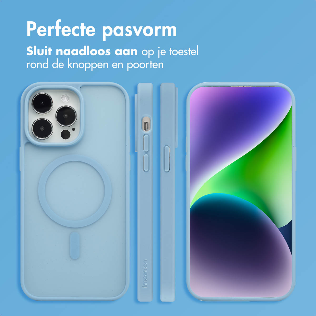 Téléphone dans un étui bleu. Texte : 'Perfecte pasvorm'.