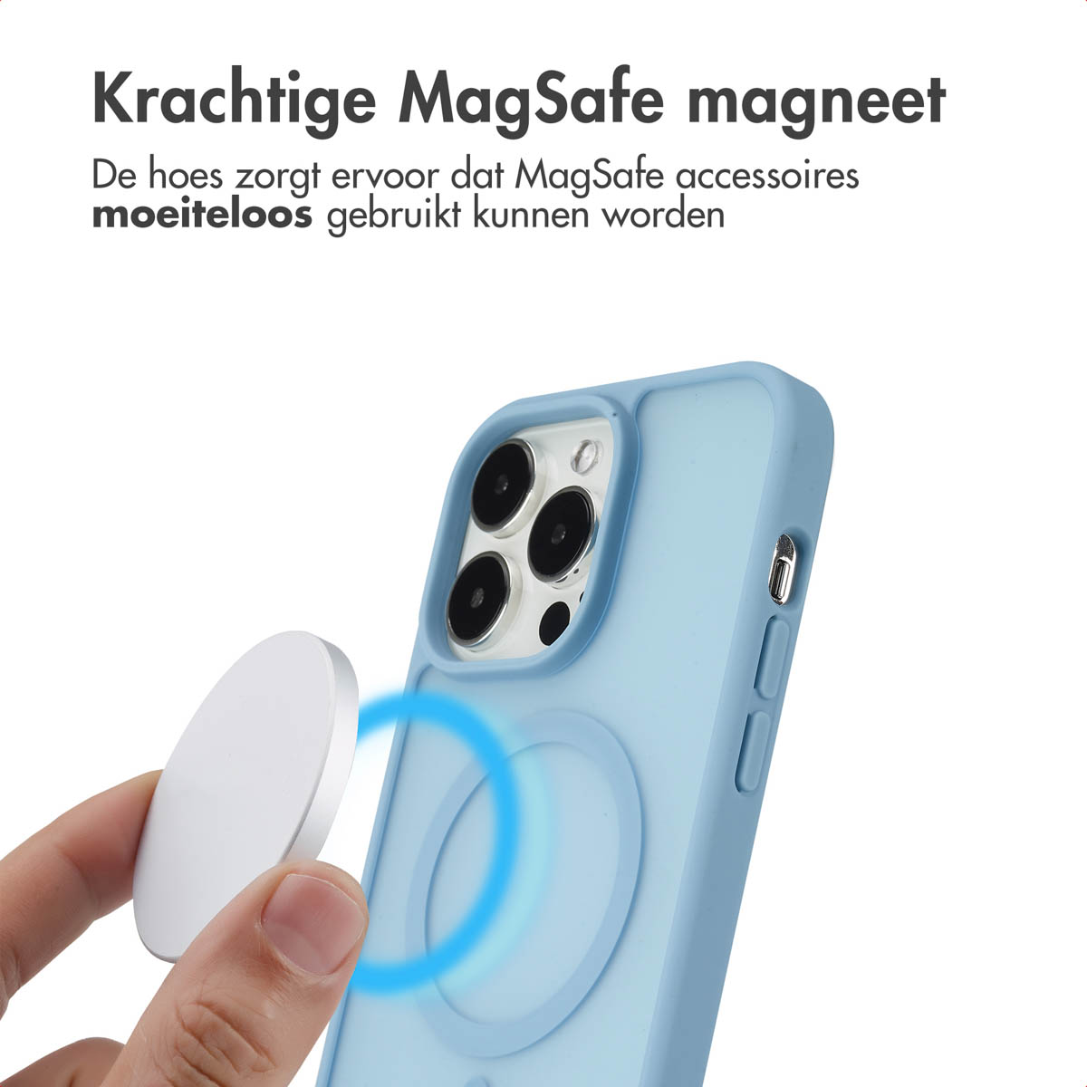 Coque de téléphone bleue avec chargeur magnétique et disque magnétique blanc. Texte : Aimant MagSafe.