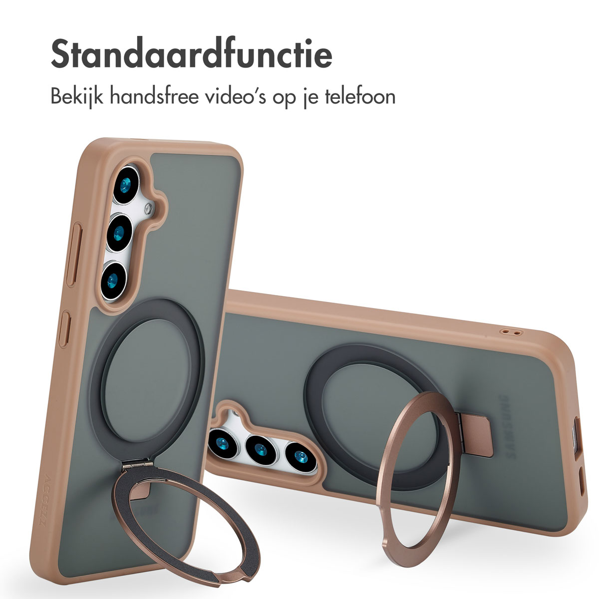 Deux téléphones avec des coques marron et grises, l'un avec un support de bague ouvert, montrant le support.