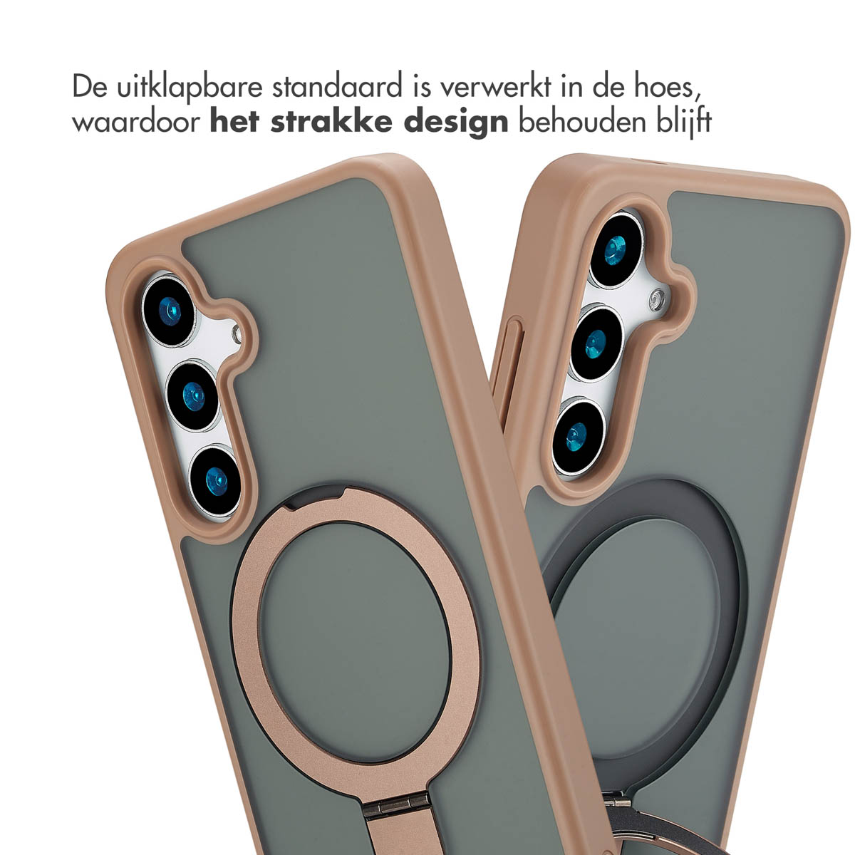 Coque de téléphone avec anneau de support, deux téléphones sur un fond. Marron et gris.