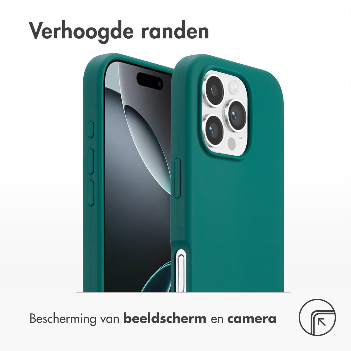 Teal telefoonhoesje links. Telefoon binnenin. Tekst: Verhoogde randen.