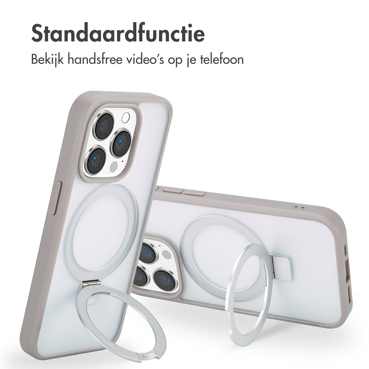 Twee telefoons in grijze hoesjes met ringen. Tekst: Standaardfunctie, handsfree video's bekijken op de telefoon.