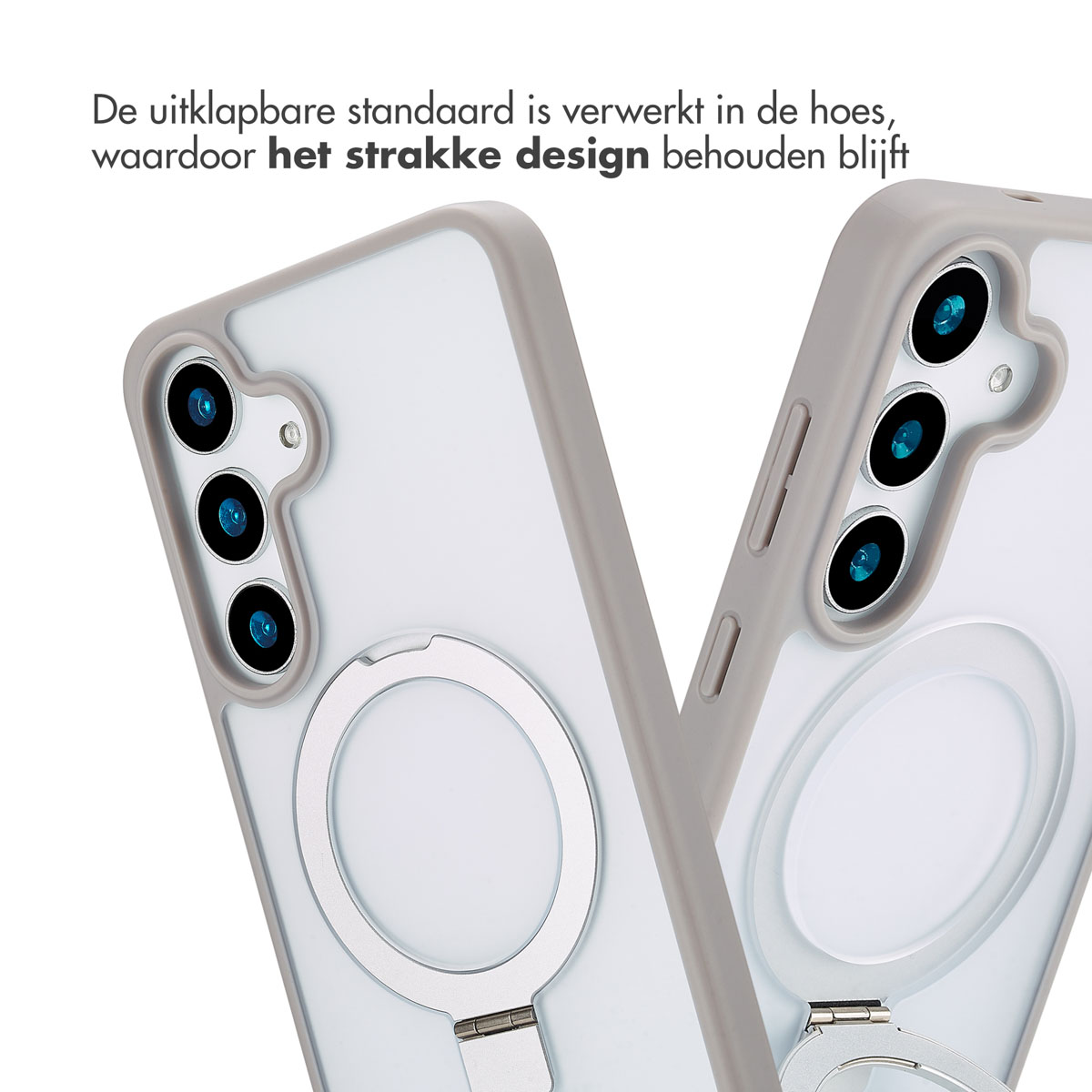 Étui de téléphone avec support. L'étui gris a un anneau qui peut être utilisé comme support. Deux étuis sont présentés.