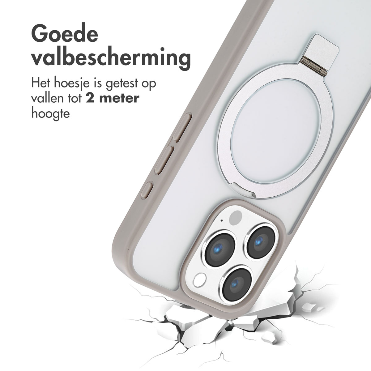 Telefoon in een hoesje op een oppervlak met een scheur. De hoes heeft een ringhouder. Tekst zegt 'Goede valbescherming'.