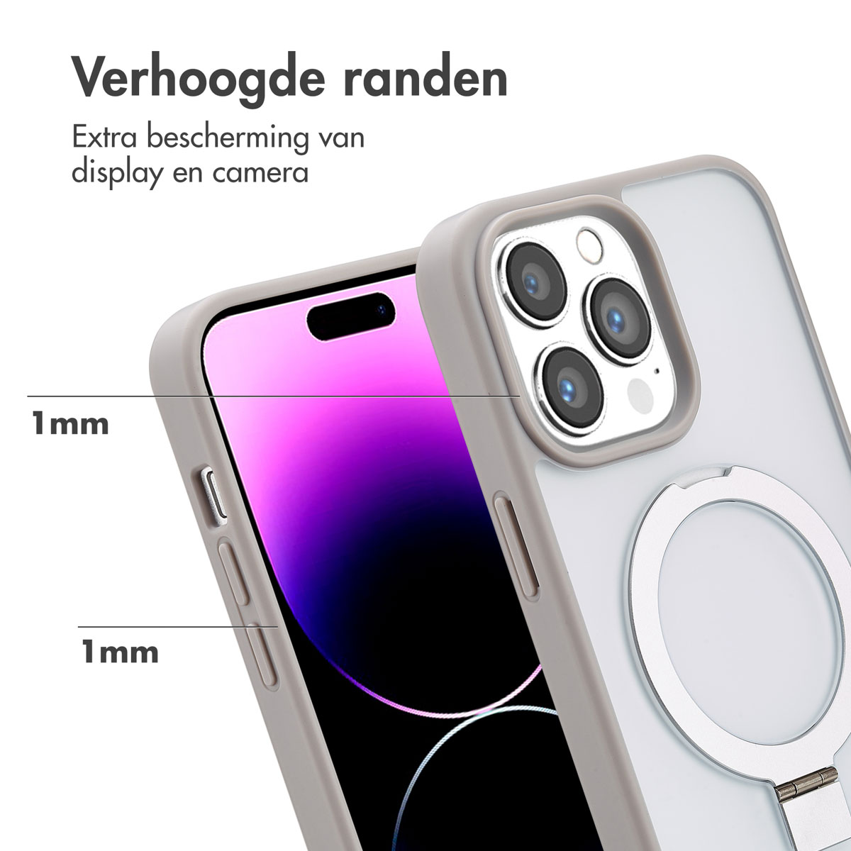 Une coque de téléphone avec un bord gris et un anneau argenté. Le téléphone a un dos blanc. Le texte indique une épaisseur de 1 mm.