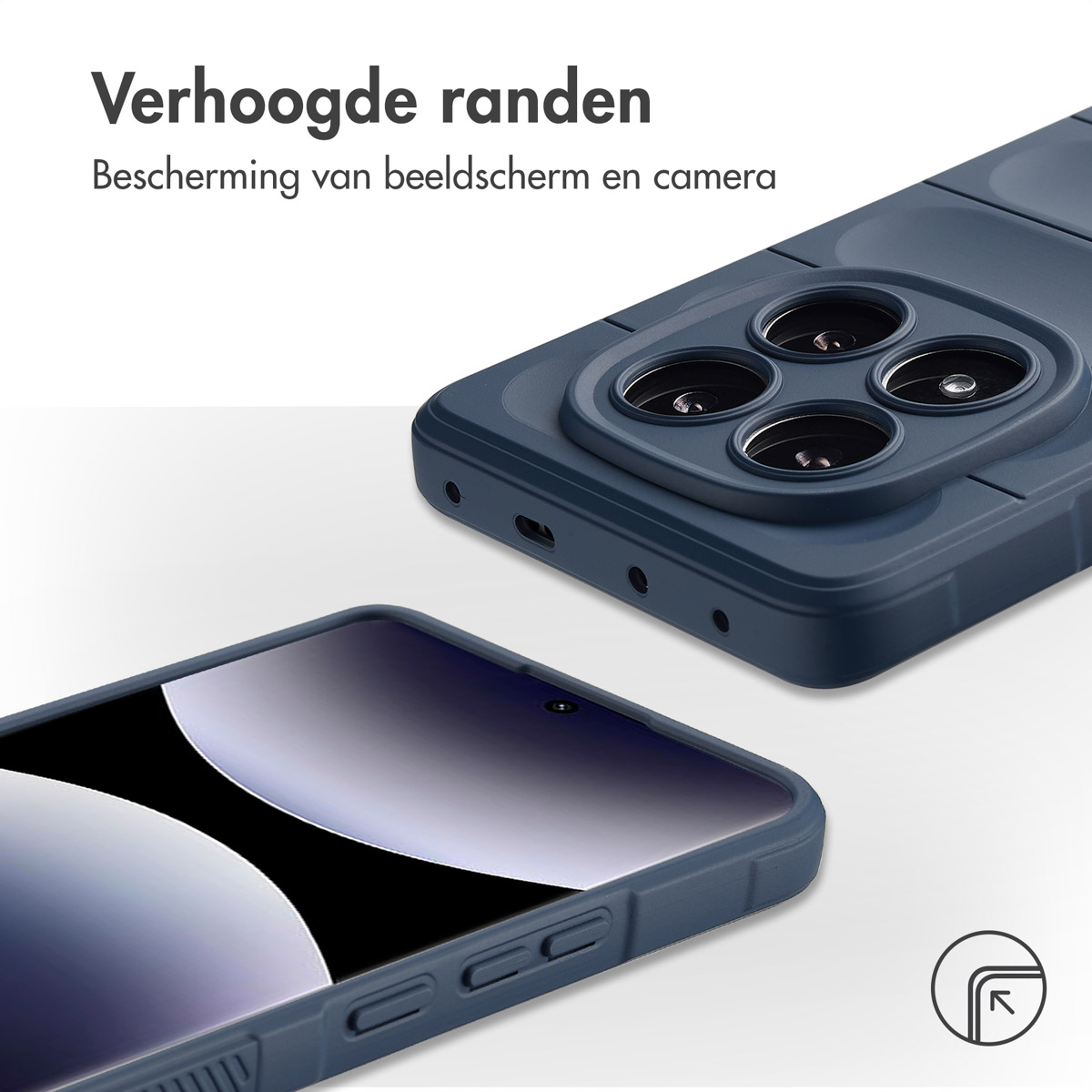 Blauwe telefoonhoes met verhoogde randen. De hoes beschermt de camera en het scherm van de telefoon.
