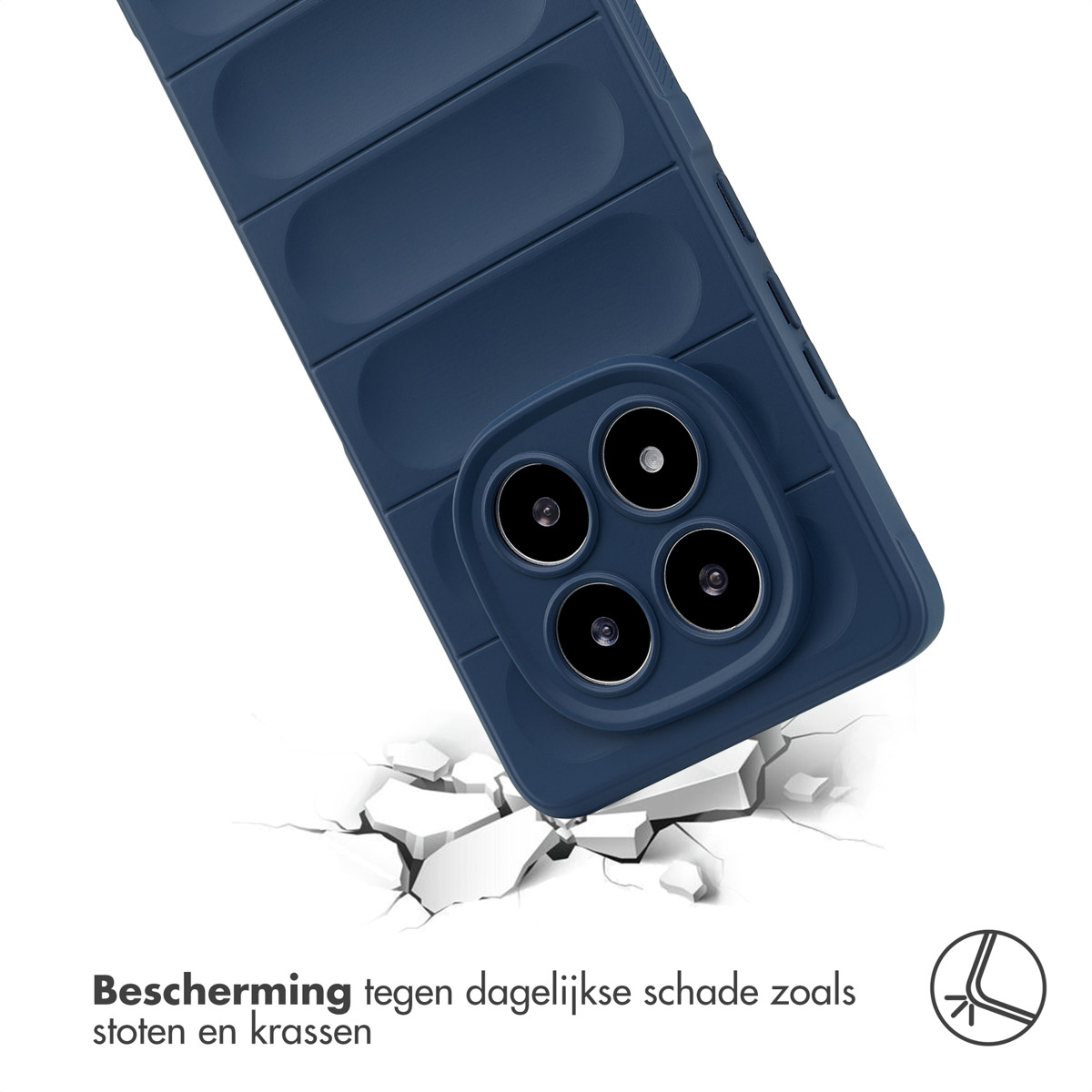 Een telefoonhoesje met gesimuleerde schade. De afbeelding toont bescherming tegen stoten.