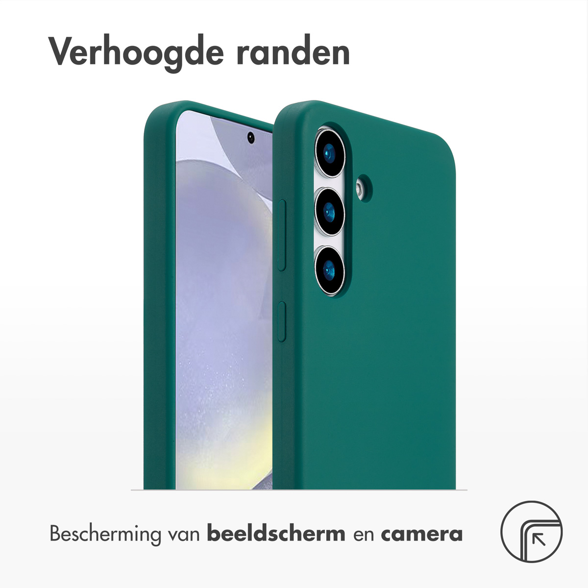 Groene telefoonhoes die het scherm en de camera van een telefoon beschermt. De achtergrond is wit.