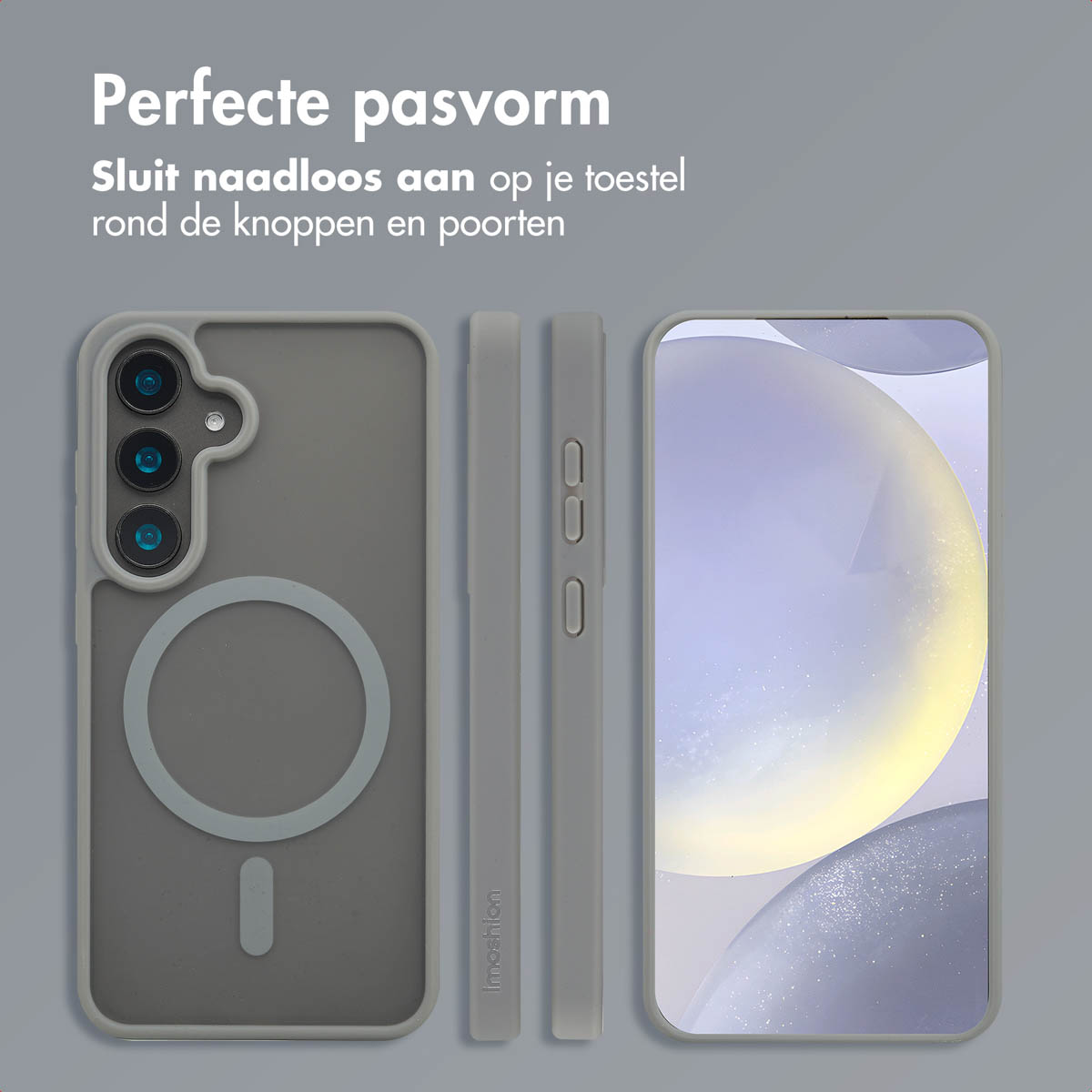 Grijze telefoonhoes en telefoon. Tekst: Perfecte pasvorm. De hoes is grijs.