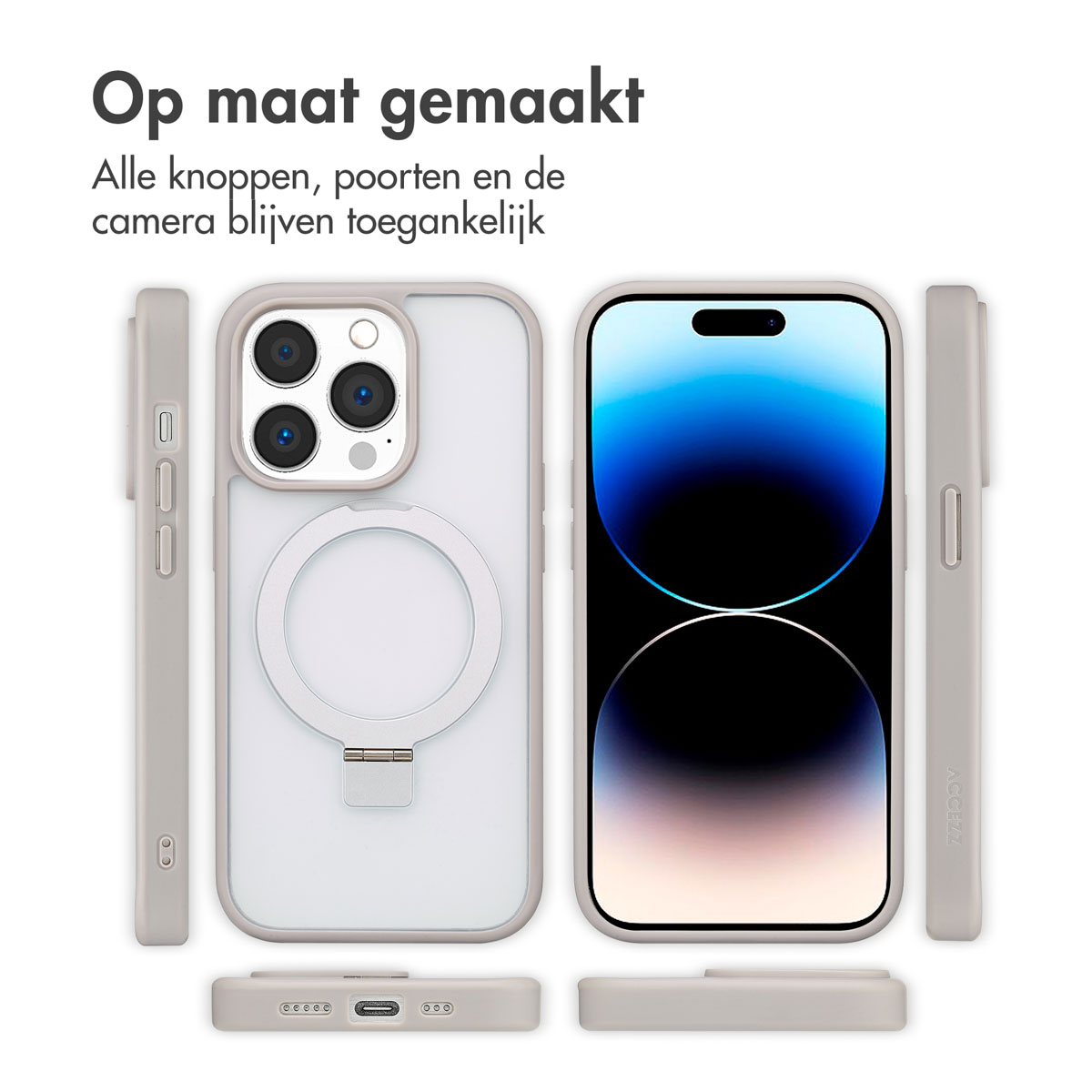 Coque de téléphone avec téléphone. Texte dit : 'Op maat gemaakt'. Vues multiples de la coque.