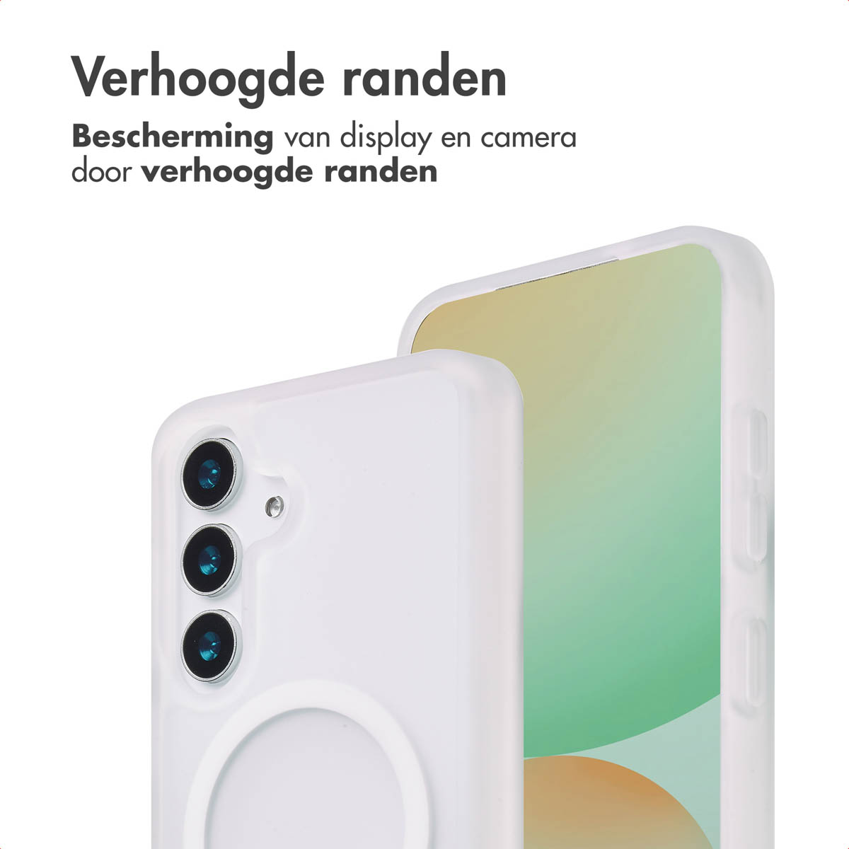 Een witte telefoon in een hoes wordt weergegeven, met het scherm van de telefoon zichtbaar.