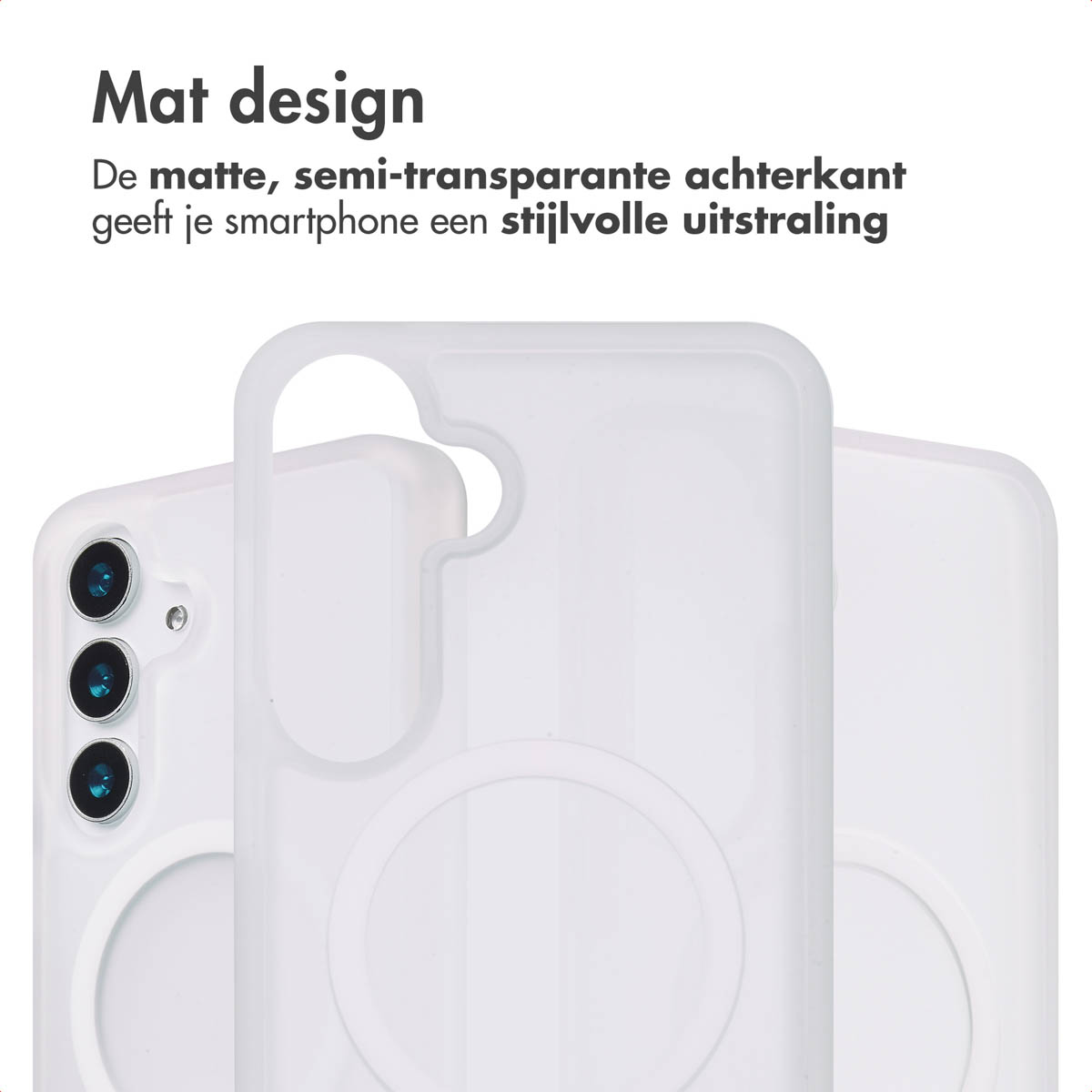 Tre custodie bianche per telefono con design opaco, che mostrano l'interno, con un cerchio azzurro.