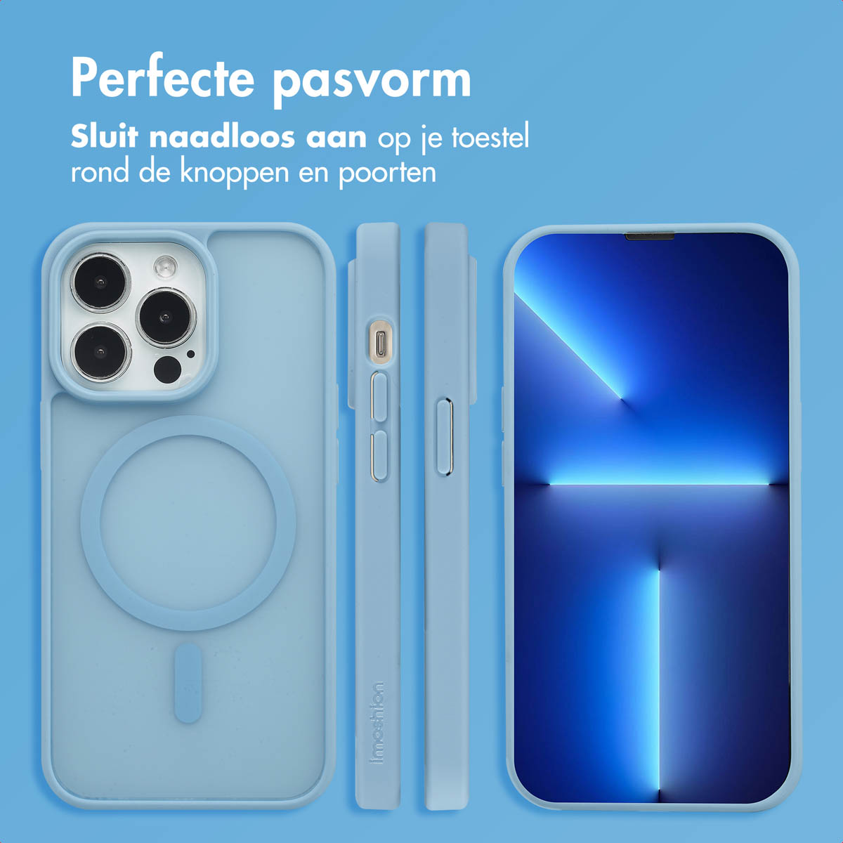 Trois coques de téléphone bleu clair, présentant un téléphone, avec un fond bleu clair. Montrant des vues latérales.