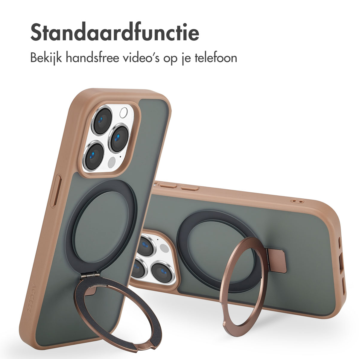 Deux téléphones dans des étuis avec un support en anneau. Le texte dit 'Fonction standard' et 'Bekijk handsfree video's'.