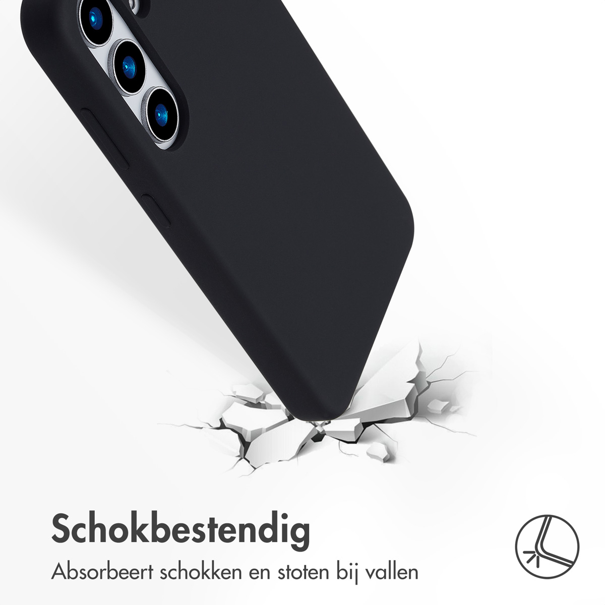 Eine Handyhülle, schwarz, wird mit einem Telefon gezeigt. Das Telefon fällt und zerspringt die Oberfläche darunter.