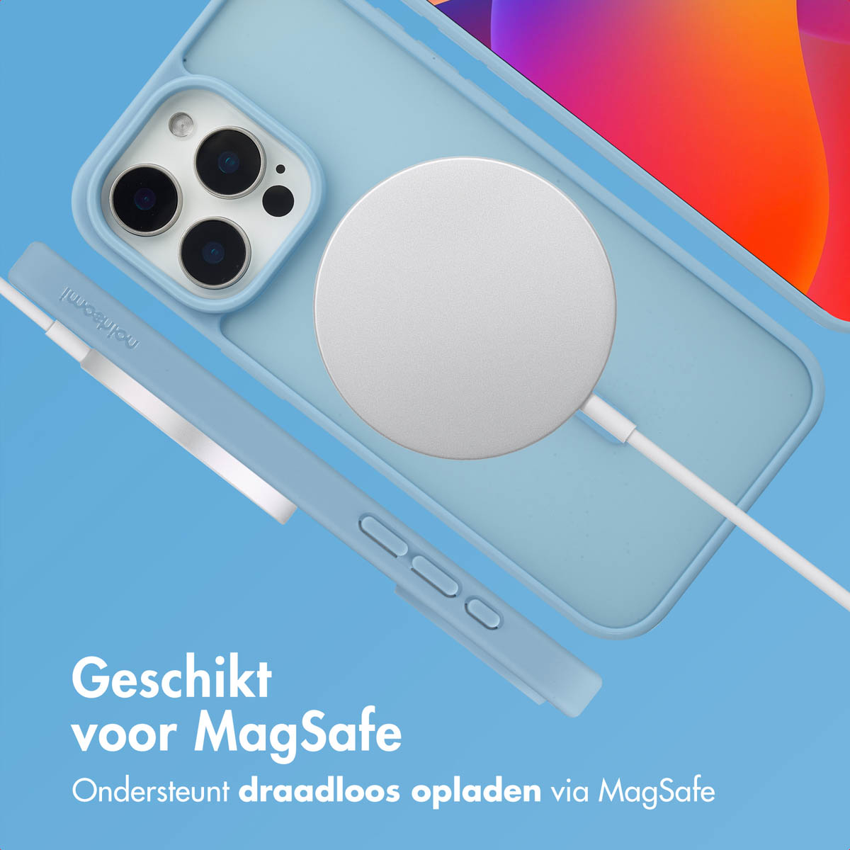 Coque, téléphone et chargeur, mettant l'accent sur la compatibilité MagSafe.