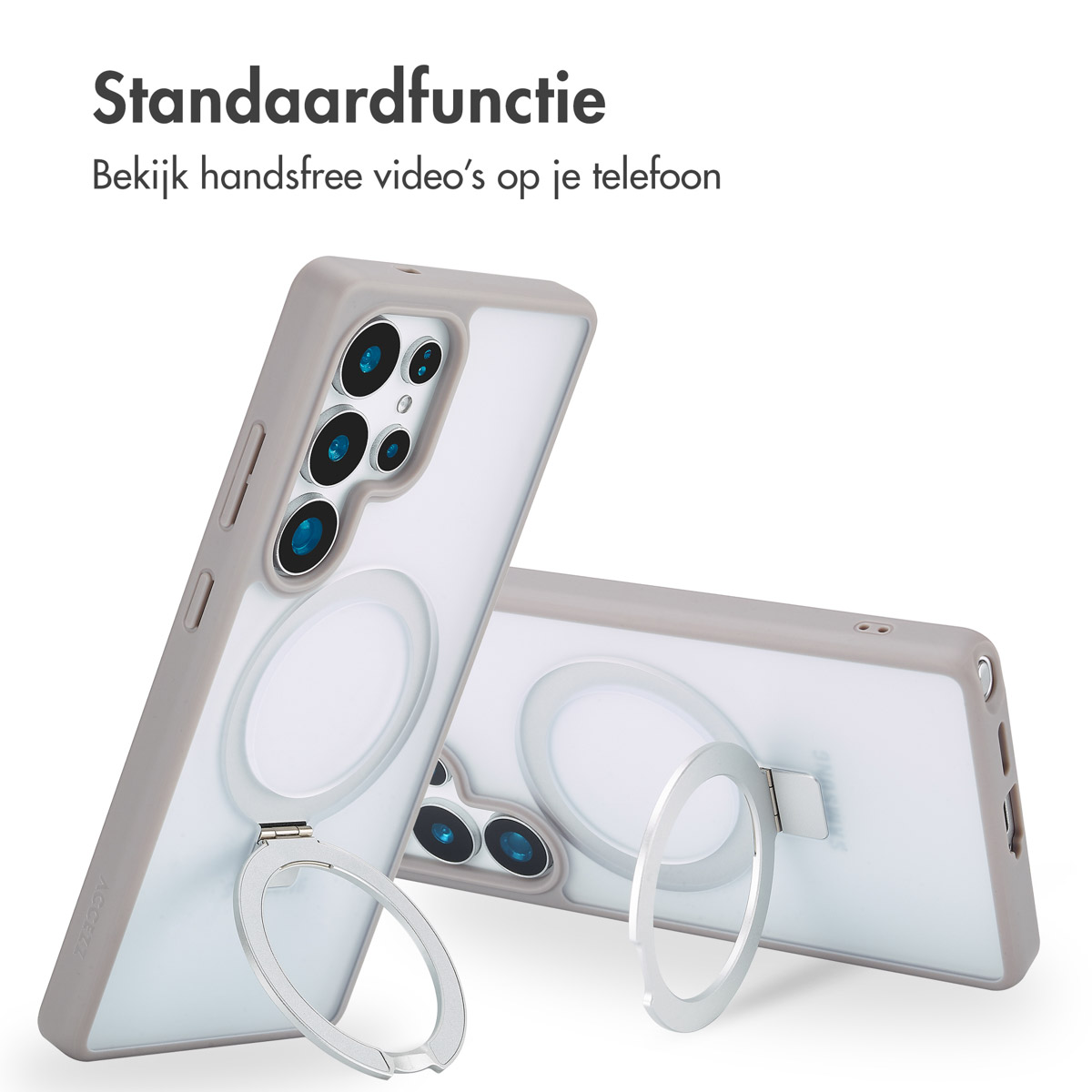 Deux téléphones avec un étui porte-anneau sont debout, avec le porte-anneau visible.