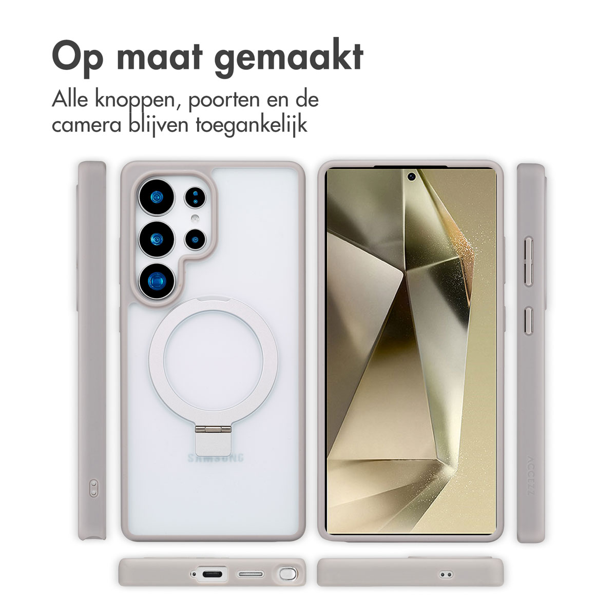 Un téléphone avec un étui. L'étui a un anneau et est gris, avec un support blanc.