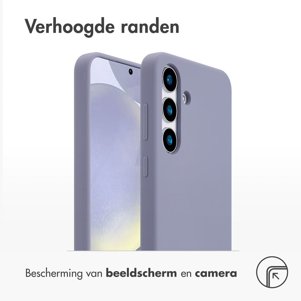 Twee telefoonhoesjes, één op een telefoon en één ernaast. Toont een paars hoesje met verhoogde randen.
