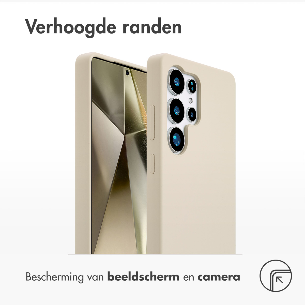 Beige telefoonhoes en telefoon. Tekst: Scherm- en camerabescherming.