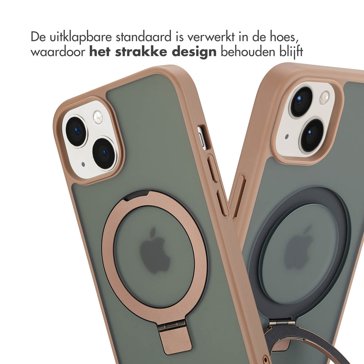 Twee telefoonhoesjes met MagSafe-ringen, één roségoud, één olijfgroen.