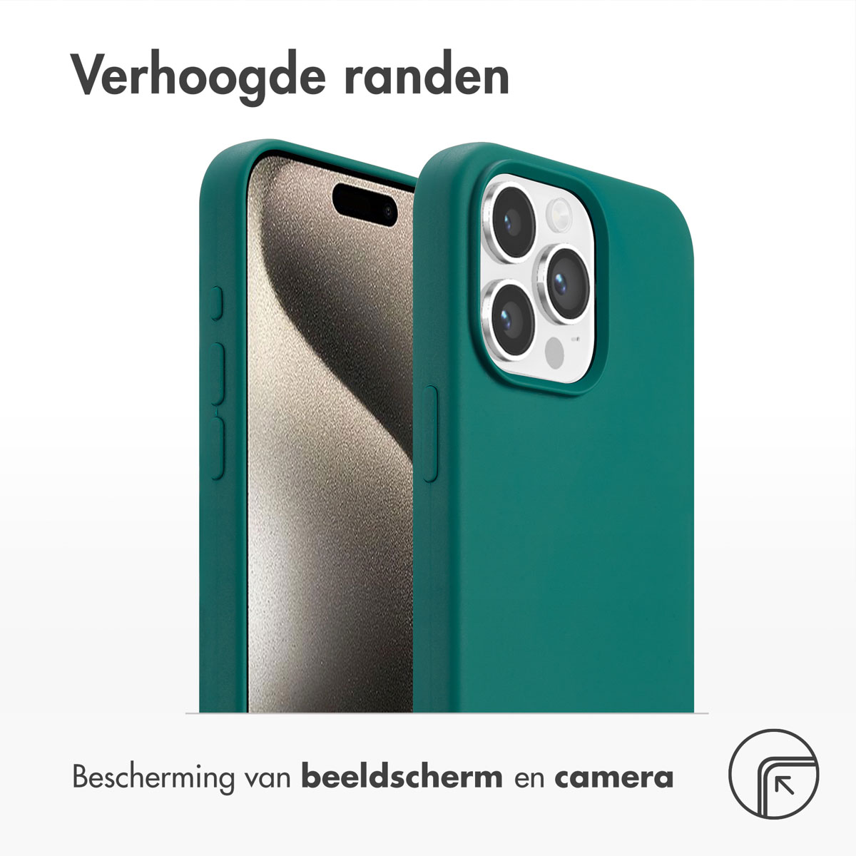 Groene telefoonhoes met verhoogde randen, die het scherm en de camera beschermt.