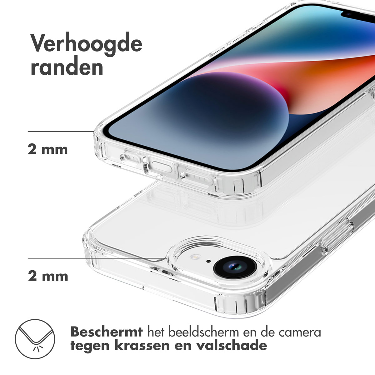 Deux coques de téléphone transparentes. Le texte sur l'image est en néerlandais, indiquant la protection de l'écran et de la caméra.