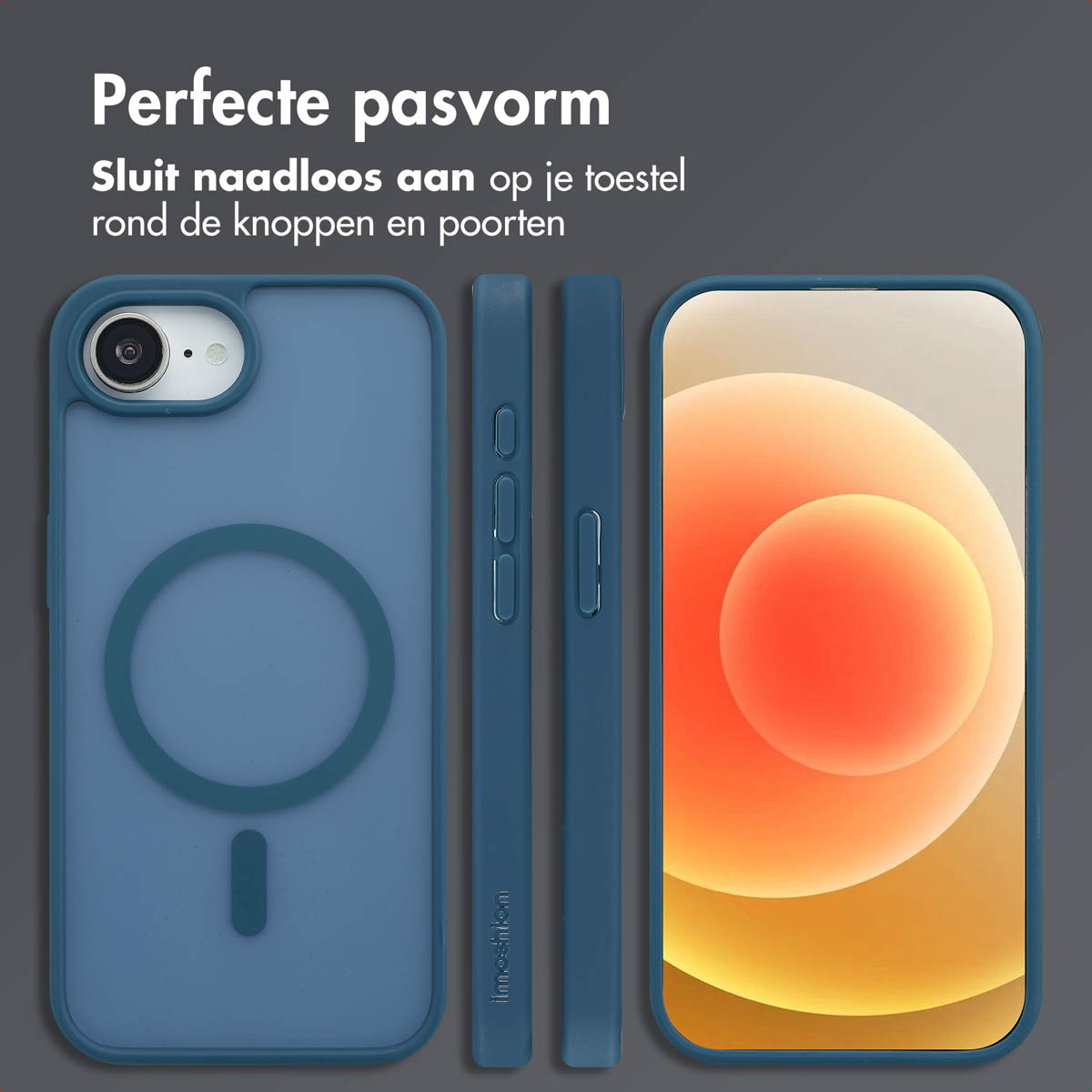Three phone cases and a phone. The phone cases are blue. The background is gray.
