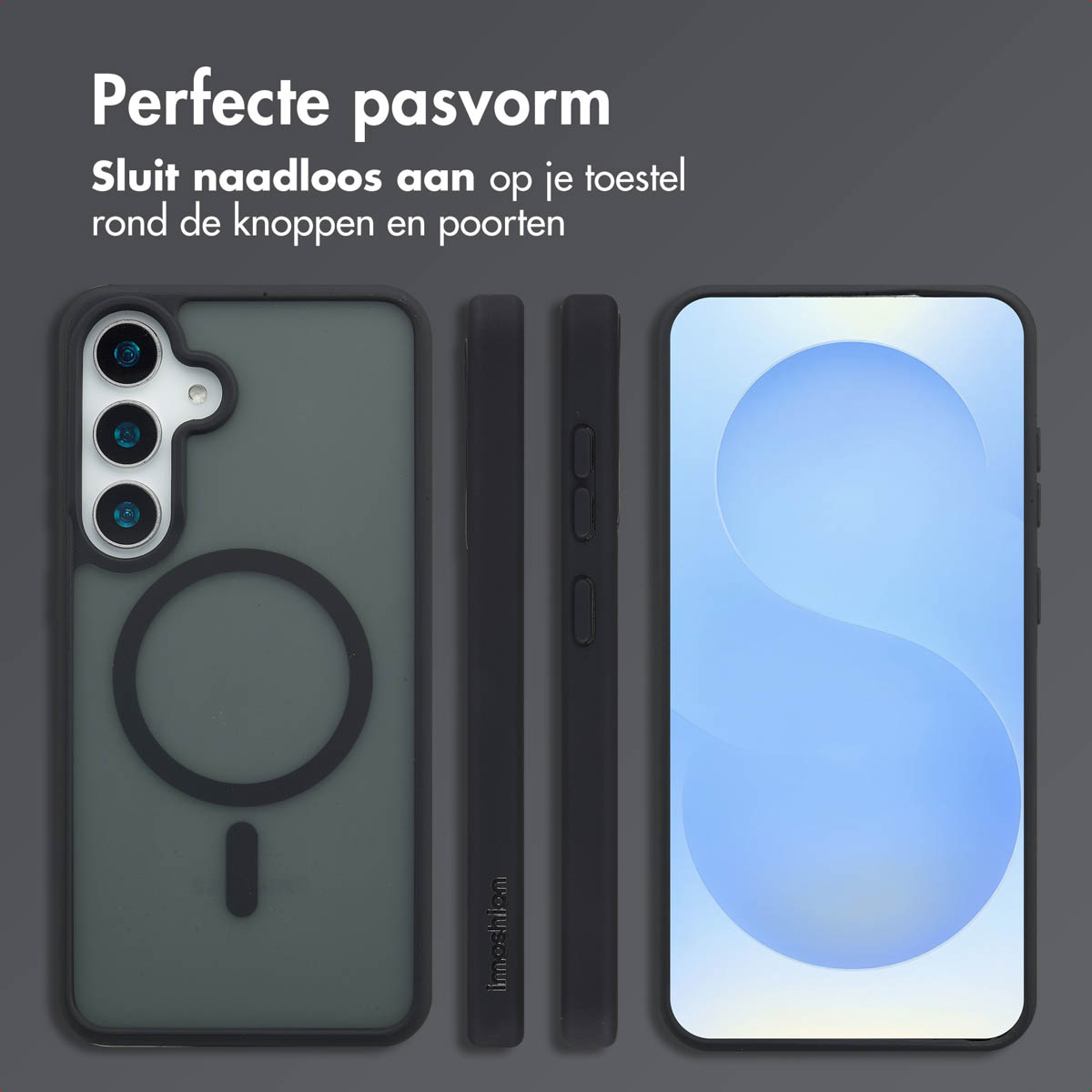 Custodie per telefono, vista di profilo. Testo: Vestibilità perfetta. Si adatta perfettamente al tuo dispositivo intorno ai pulsanti e alle porte.