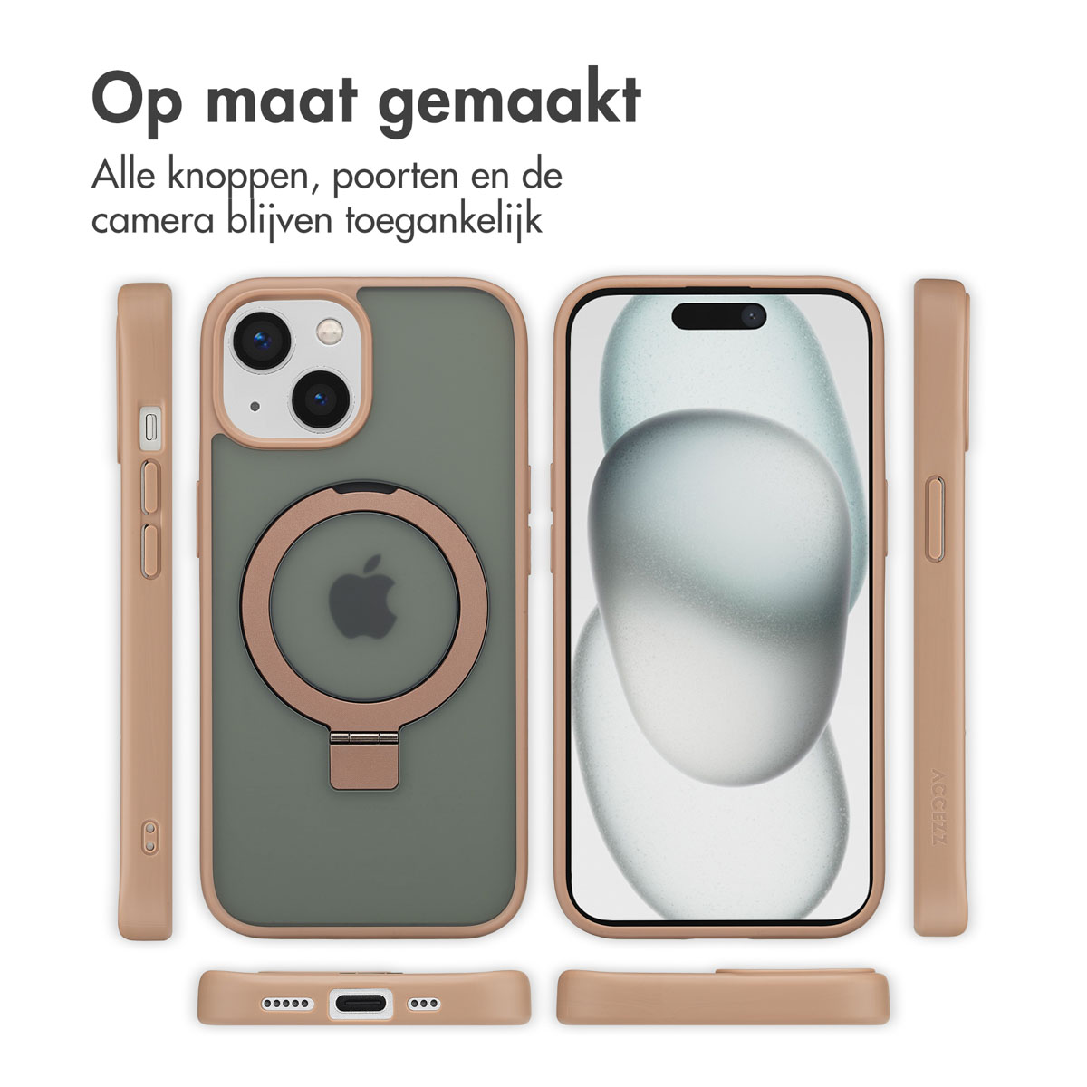 Ensemble de coques de téléphone avec anneau, coque olive, accessoires et découpes caméra.