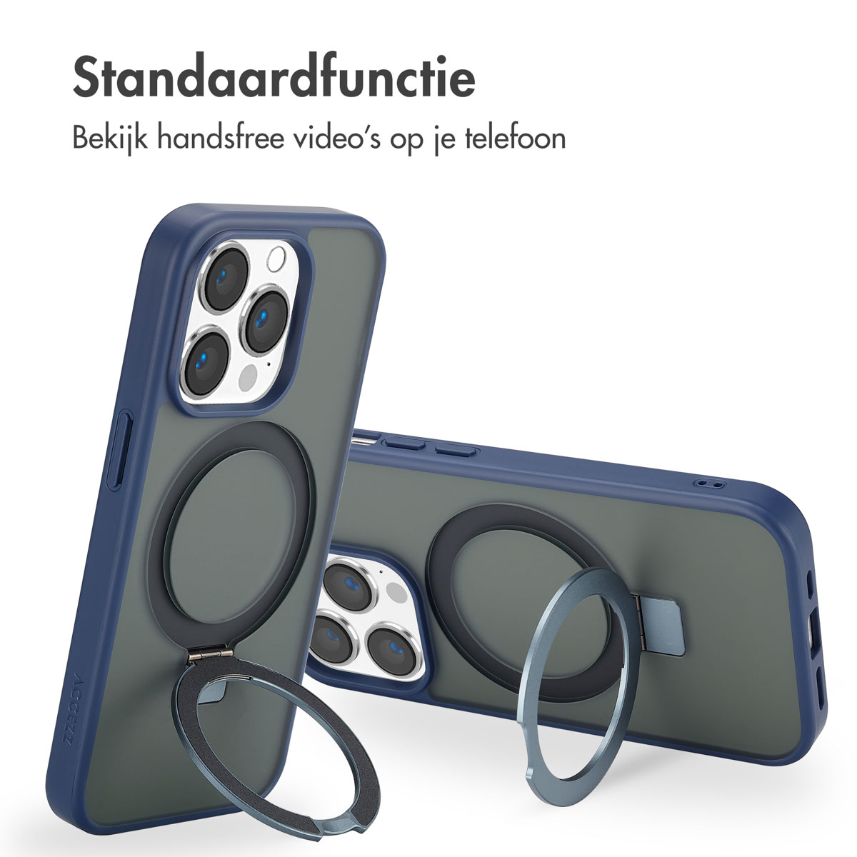Coque de téléphone bleue avec support annulaire. Deux téléphones sont mis au point. Fond blanc.