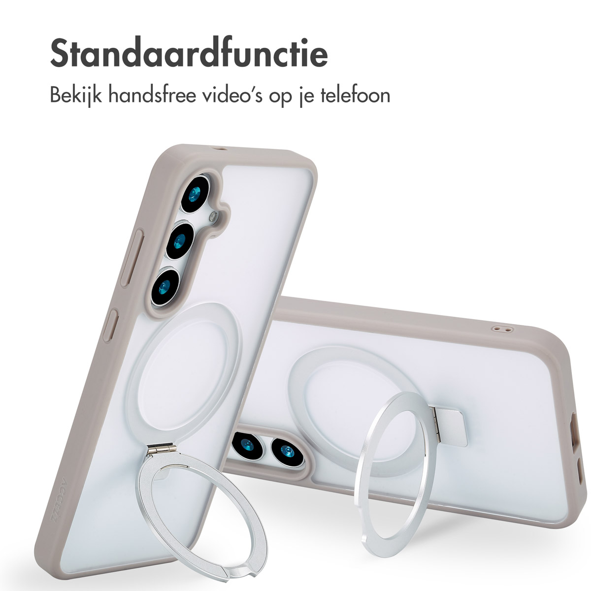 Coques de téléphone avec anneaux. Deux téléphones avec supports d'anneaux. Texte: visionnage vidéo mains libres.