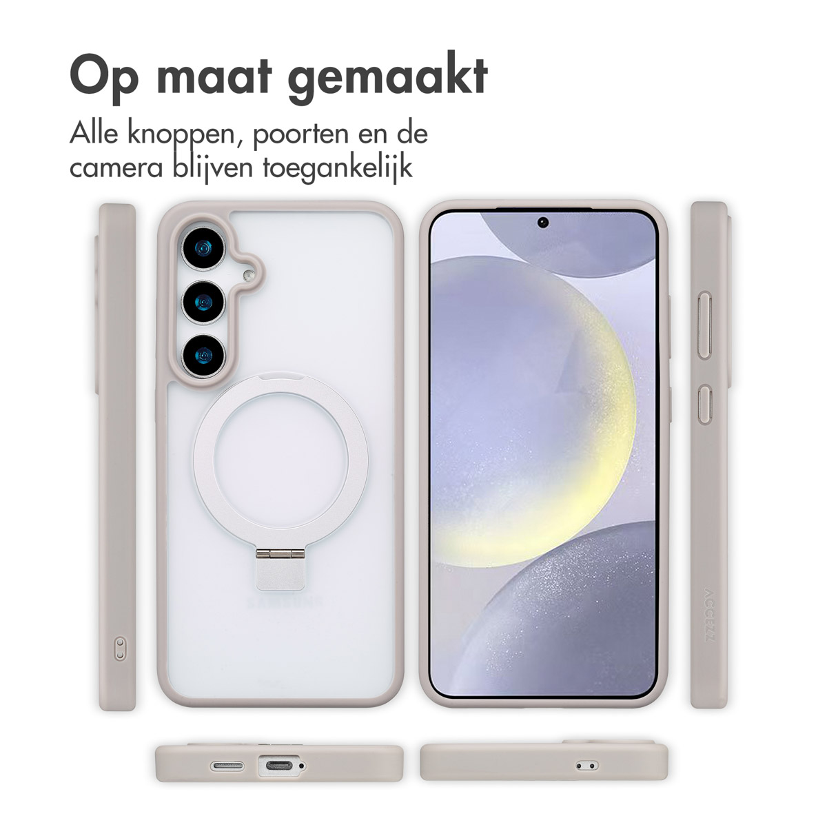 Plusieurs coques avec téléphone à l'intérieur. Texte : Sur mesure, tous les boutons, ports et caméra restent accessibles.