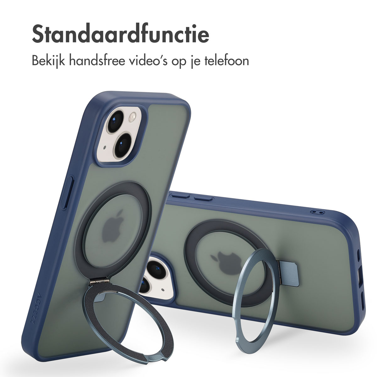 Twee telefoonhoesjes met ringstandaards. Eén heeft een telefoon erin. De achtergrond toont tekst.